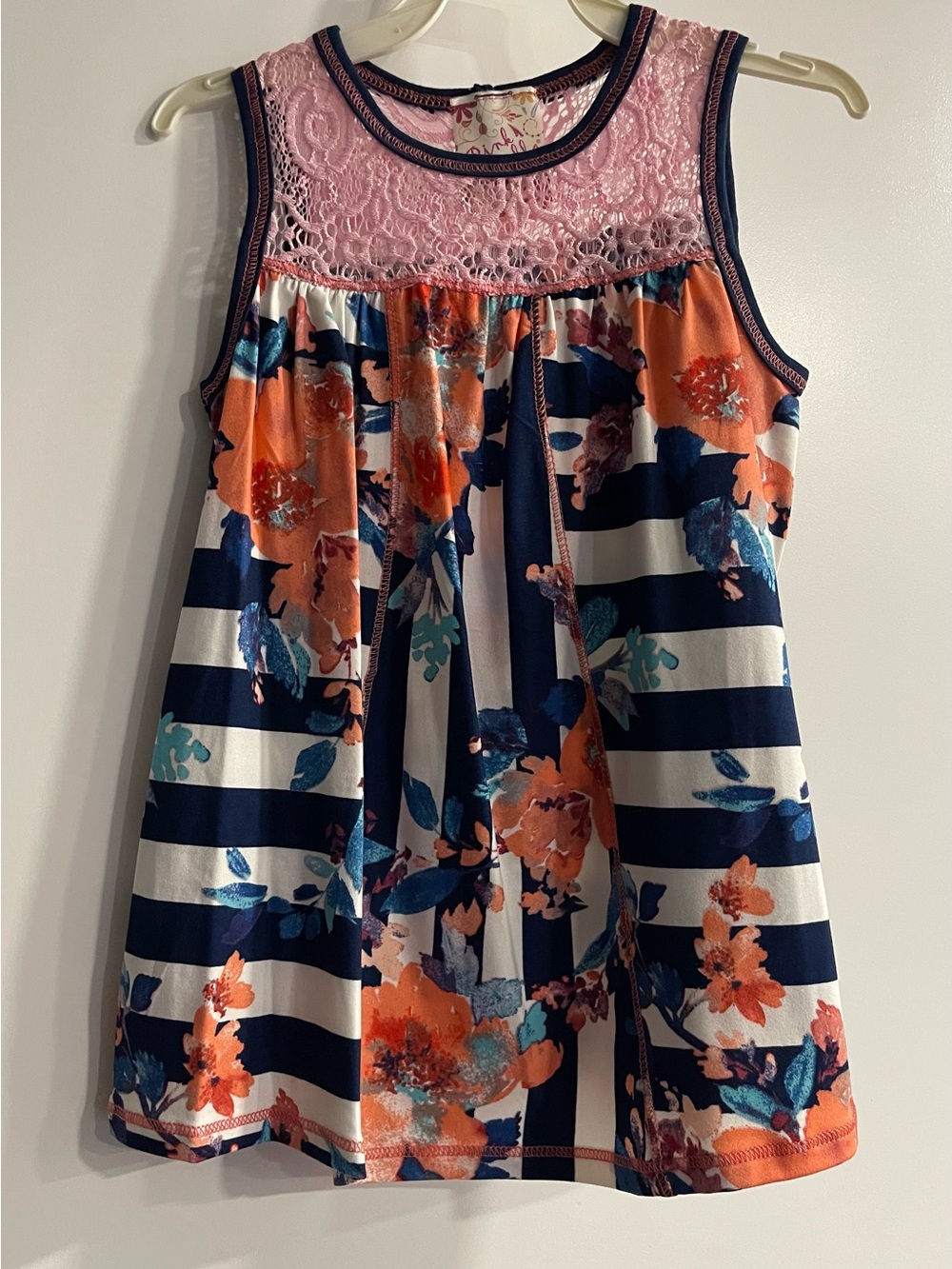 Pink Vanilla Girls Navy Stripe Floral Dress with Pink Lace Yoke
